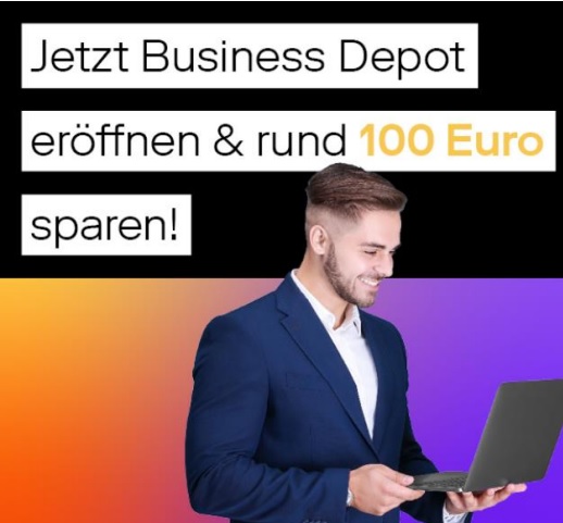 Mann mit Laptop mchte Businessdepot erffnen