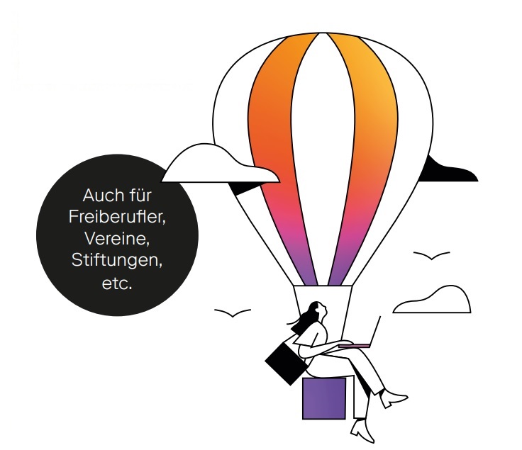 Heissluftballon mit Frau im Korb, auf dem Weg das Betriebsvermgen anzulegen