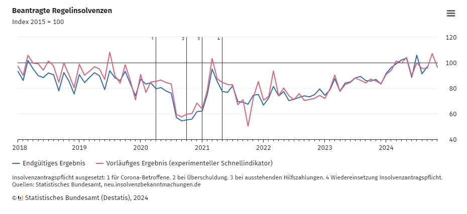 DESTATIS: Beantragte Regelinsolvenzen im November 2024: +12,6 % zum Vorjahresmonat